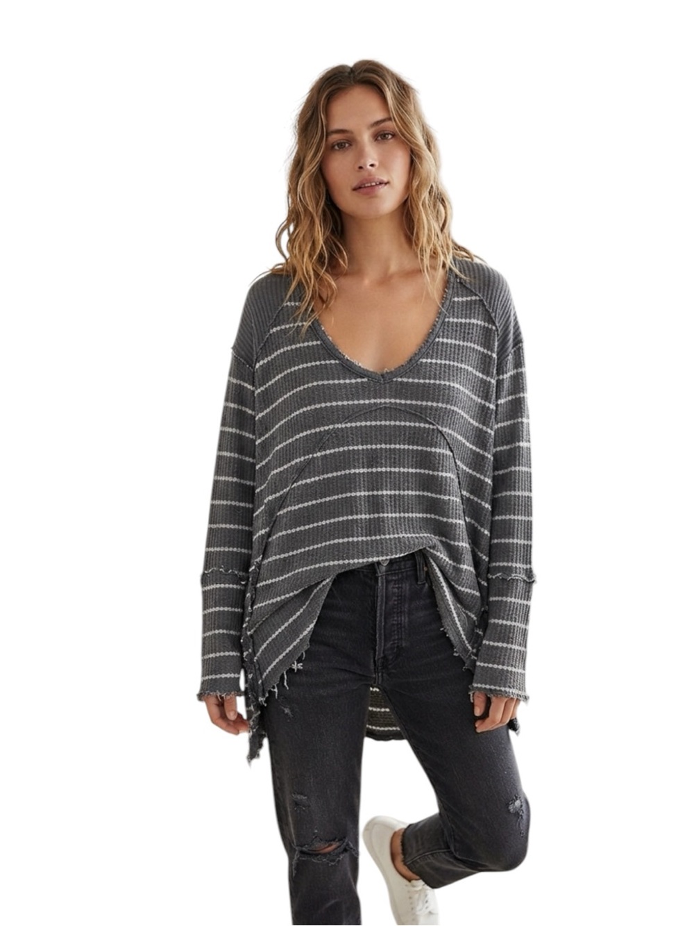 Free People Gray & White Striped V-Neck Pullover Oversized Size S